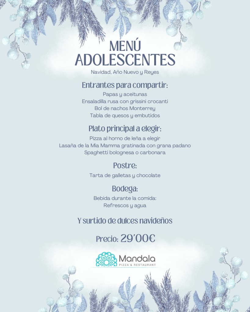 Menu Adolescentes Navidad Restaurante Mandala