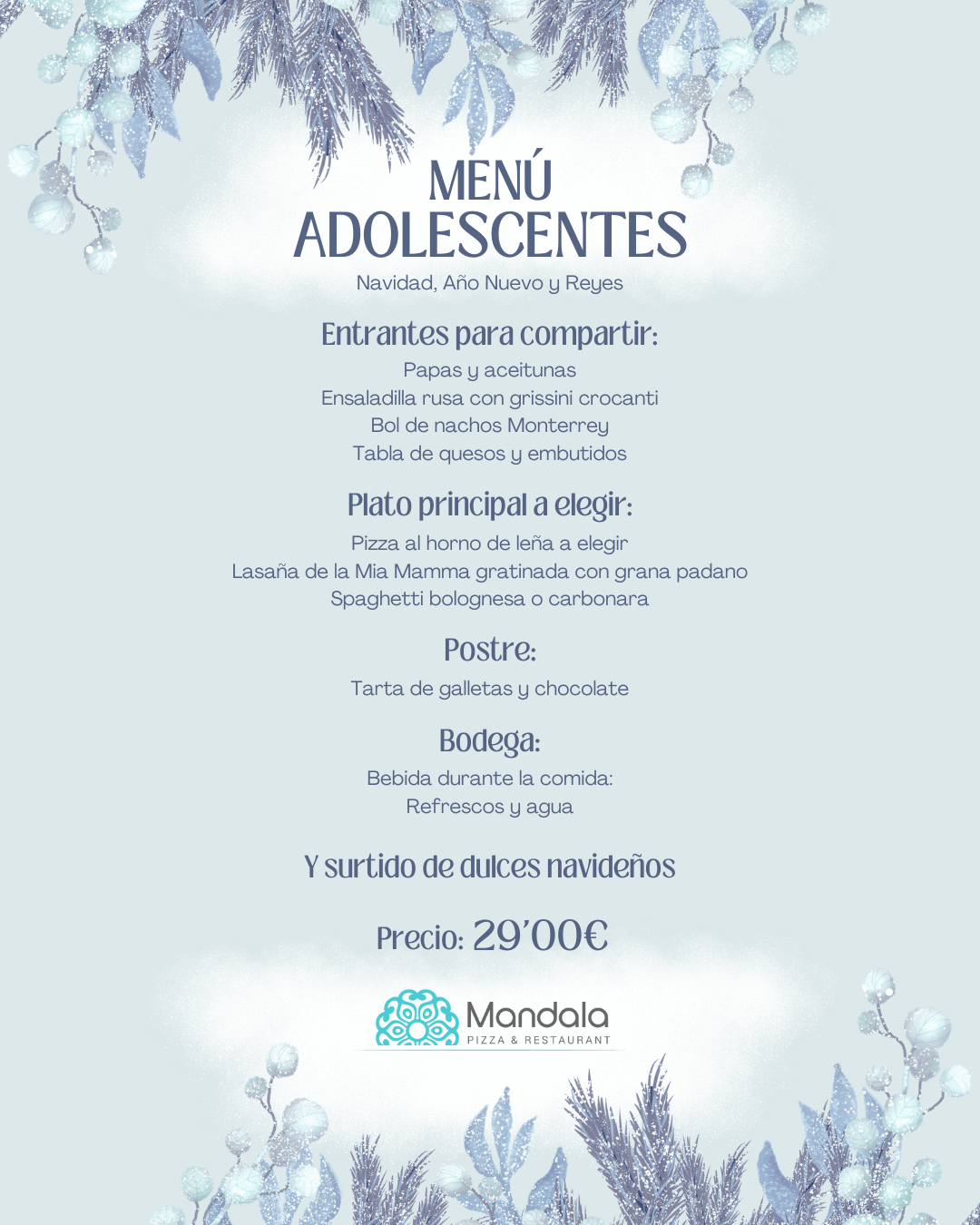 Menu Adolescentes Navidad Restaurante Mandala