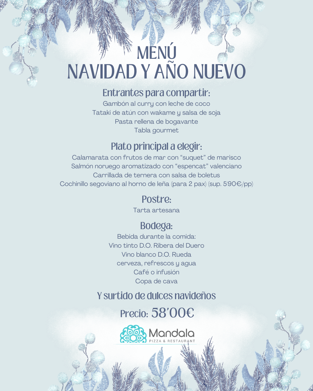 Menu Navidad y Año nuevo Restaurante Mandala